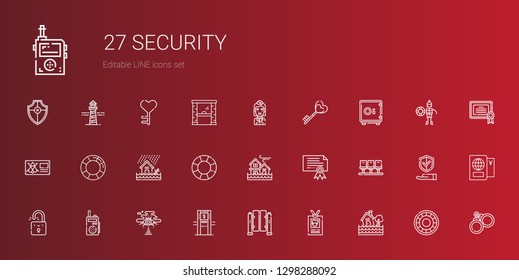 security icons set. Collection of security with flood, id card, turnstiles, atm, cloud computing, walkie talkie, padlock, seats, certificate. Editable and scalable security icons.