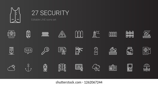 security icons set. Collection of security with id card, server, certificate, turnstiles, stewardess, anchor, cloud, flood, doorknob, key. Editable and scalable security icons.
