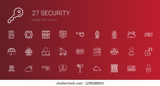 security icons set. Collection of security with jail, cloud computing, cctv, risk, key, cloud, locker, password, airport, id card, trojan horse. Editable and scalable security icons.