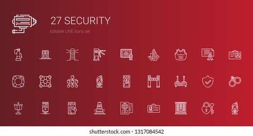 security icons set. Collection of security with jail, id card, passport, traffic cone, data transfer, server, control tower, router, turntiles. Editable and scalable security icons.