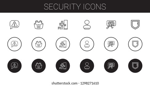 security icons set. Collection of security with risk, armor, locker, rubber stamp, virus. Editable and scalable security icons.