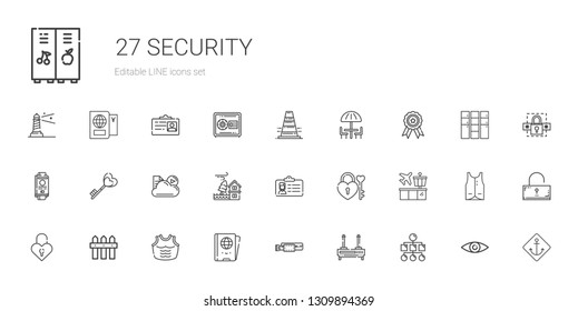 security icons set. Collection of security with sitemap, router, belt, passport, armor, fence, padlock, airport, id card, flood, cloud, key. Editable and scalable security icons.