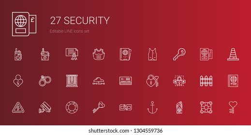 security icons set. Collection of security with stewardess, anchor, link, key, lifesaver, cctv, high voltage, password, padlock, pass, cloud computing. Editable and scalable security icons.