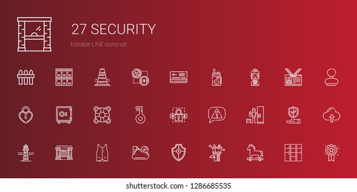 security icons set. Collection of security with trojan horse, control tower, shield, cloud, vest, fence, lighthouse, locker, risk, password. Editable and scalable security icons.