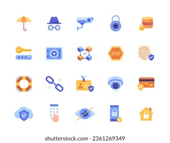 Iconos de seguridad establecidos. Coloridos stickers de aplicaciones con cámara de seguridad y huellas dactilares, caja de seguridad para dinero bancario y tarjeta de crédito. Privacidad y protección. Vector plano lineal aislado en fondo blanco