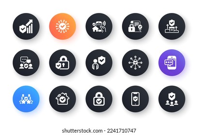 Security icons set. Cyber lock, password, unlock. Guard, shield, home security system icons. Electronic check, firewall. Internet protection, phone password. Circle web buttons. Vector