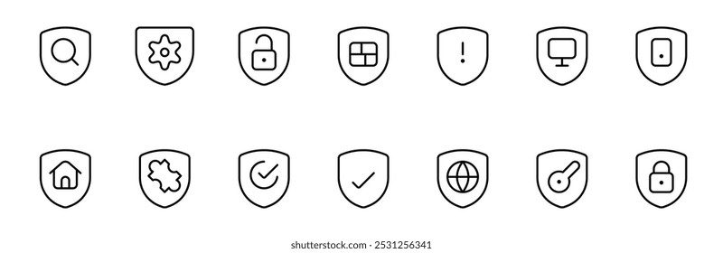 Security icons set. Cyber lock, unlock, password. Guard, shield, home security system icons. Eye access, electronic check, firewall. Internet protection, laptop password. Vector Linear set. ui