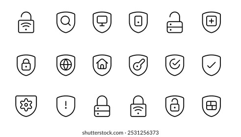 Security icons set. Cyber lock, unlock, password. Guard, shield, home security system icons. Eye access, electronic check, firewall. Internet protection, laptop password. Vector Linear set. ui