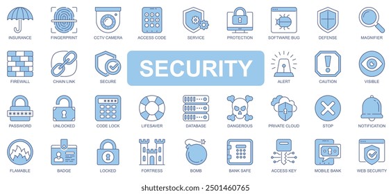 Iconos de seguridad establecidos en diseño de trazo de contorno duotono para el Web. Paquete de pictogramas de seguros, huellas dactilares, cámara CCTV, código de acceso, protección, error de software, firewall, Enlace, otros. Ilustración vectorial.