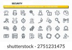 security icons set - flasher, open access, unlocked file, lifeguard float, court gavel outline vector collection.