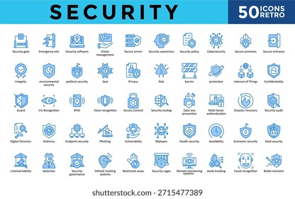 Conjunto de iconos de seguridad con puerta, salida de emergencia, software, gestión de visitantes, servidor seguro, conciencia, política, icono de ciberseguridad. Vector retro simple 
