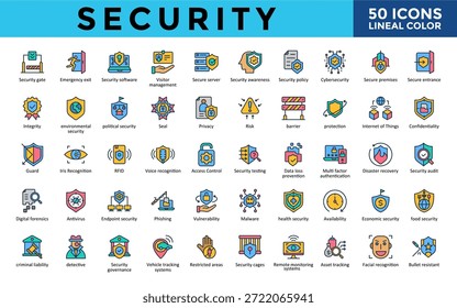 Conjunto de iconos de seguridad con puerta, salida de emergencia, software, gestión de visitantes, servidor seguro, conciencia, política de seguridad, icono de ciberseguridad. Sencillo Vector lineal de color 
