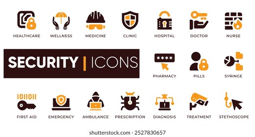 Security Icons Set. Includes icons for security symbols, protection, safety, shield, lock, key, guard, firewall, password, access, privacy, etc. Perfect for websites, apps, and presentations.