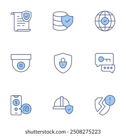 Security icons set. Line Duotone style, editable stroke. ssl, insurance, security, security camera, worldwide, protection, exchange, fingerprint.