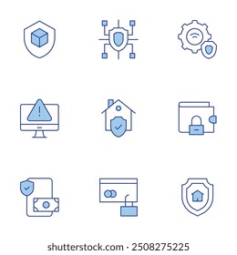 Security icons set. Line Duotone style, editable stroke. warning sign, protection, security, wallet, cyber, home, smartphone, secure payment.