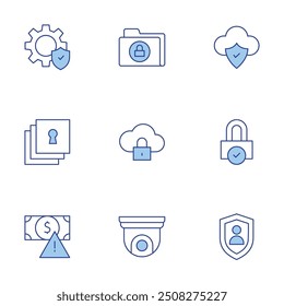 Security icons set. Line Duotone style, editable stroke. security system, security, secure folder, money, protect, cctv, personal security, settings, cloud storage.