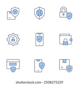Conjunto de iconos de seguridad. Línea estilo Duotone, carrera editable. seguridad, seguro, cortafuegos, billetera, candado, caja.
