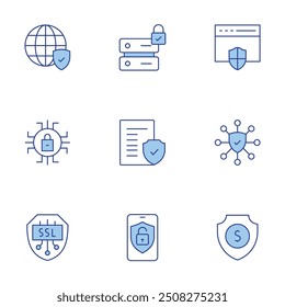 Icônes de sécurité définies. Style de trait bichonné, trait modifiable. sécurité, navigateur, cybersécurité, internet, document légal, sécurité des données, shield, ssl.