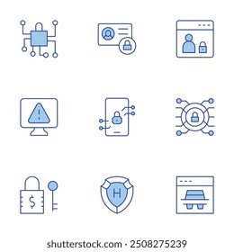 Security icons set. Line Duotone style, editable stroke. security, security system, alert, network, lock, spy, webpage, private account.