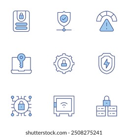 Security icons set. Line Duotone style, editable stroke. protection, shield, risk, cyber security, security box, secure, log in, web protection, laptop.