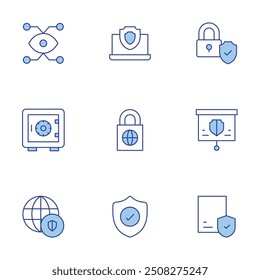 Security icons set. Line Duotone style, editable stroke. network, security, padlock, safe deposit, laptop, shield, data security.
