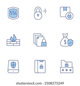 Security icons set. Line Duotone style, editable stroke. padlock, money bag, lock, ssl, data storage, firewall, document, folder, delivery box.
