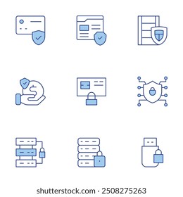 Security icons set. Line Duotone style, editable stroke. data server, flash drive, transaction, money, shield, credit card, browser, data, hard disk.