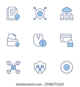 Security icons set. Line Duotone style, editable stroke. document, security, protected, antivirus, family insurance, server, credit card, lock, guarantee.