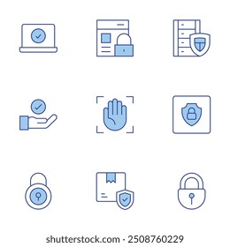 Ícones de segurança definidos. Linha Duotone estilo, traço editável. segurança da web, dados, mão, caixa, palma, verificação, segurança online, segurança, bloqueio.