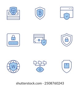 Conjunto de iconos de seguridad. Línea estilo Duotone, carrera editable. seguridad de Web, espía, escudo, red mundial, pago seguro, dinero, seguro, economía, Inicio de sesión.