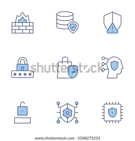 Security icons set. Line Duotone style, editable stroke. security, shopping bag, personal data, secure, database, firewall, shield.