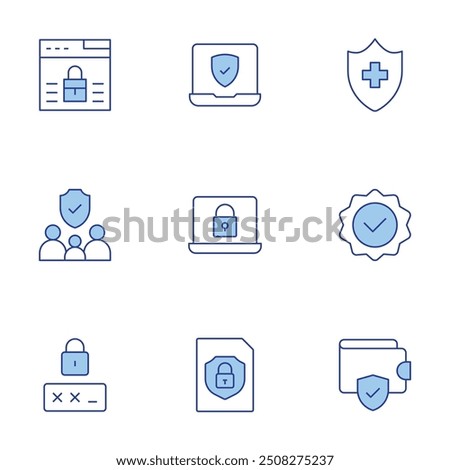 Security icons set. Line Duotone style, editable stroke. quality, secure, wallet, prevention, laptop, confidential, data security, family, password.