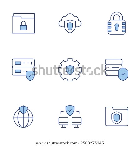 Security icons set. Line Duotone style, editable stroke. padlock, secure, internet security, server, folder, shield.