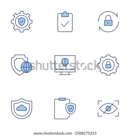 Security icons set. Line Duotone style, editable stroke. padlock, secure, security, cyber security, audit, reset, clipboard, spyware.