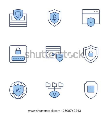 Security icons set. Line Duotone style, editable stroke. web security, spy, shield, world grid, secure payment, money, secure, economy, login.