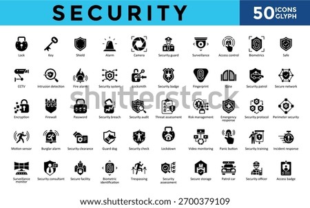 Security icons set with lock, key, shield, alarm, camera, security guard, surveillance, access control, biometrics, safe icon. Simple glyph vector 
