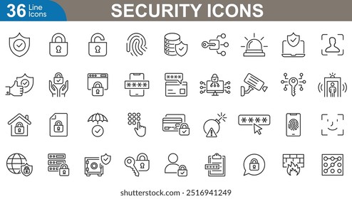 Security icons set. Lock, shield, firewall, key, encryption, fingerprint, password, virus, protection, secure and more. vector illustrator.