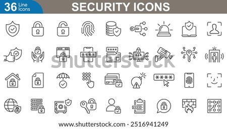 Security icons set. Lock, shield, firewall, key, encryption, fingerprint, password, virus, protection, secure and more. vector illustrator.