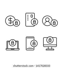 Security icons set. Money, credit card, account, laptop, phone and computer with lock icons. Simple design. Line vector. Isolate on white background.