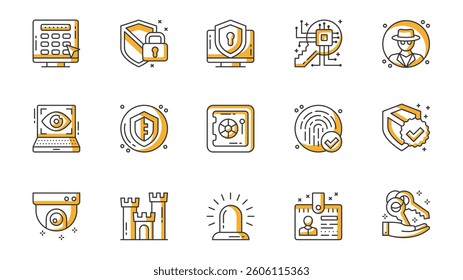 Security icons set in outline stroke design for web. Pack line pictograms with password, shield, padlock, computer firewall, key encryption, spy, eye scanner, fingerprint, other. Vector illustration.