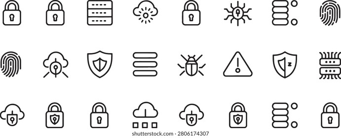 Security Icons Set with Padlocks, Shields, Warning, Cloud Access, Fingerprint, and Biometric Authentication Symbols