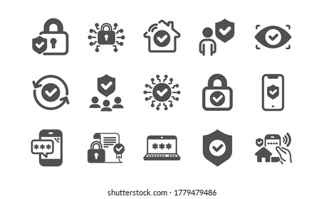 Security icons set. Password, Cyber lock, unlock. Guard, shield, home security system icons. Eye access, electronic check, firewall. Internet protection, laptop password. Quality set. Vector