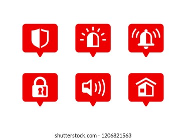 Security icons - set of safety and protection symbols - shield, alarm light, alarm bell, lock, signalling speaker and home - vector set