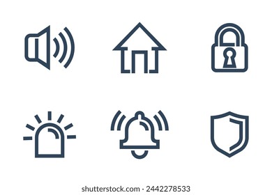 Security icons set. For safety and protection equipment - shield, alarm light, alarm bell, lock, signaling speaker and home - vector pictograms in bold line