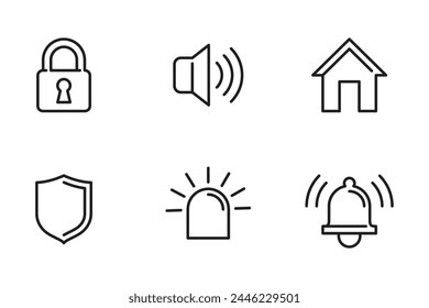 Security icons set. For safety and protection equipment - shield, alarm light, alarm bell, lock, signaling speaker and home - vector pictograms in thin line