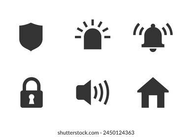 Iconos de seguridad establecidos. Para equipos de seguridad y protección - escudo, luz de alarma, alarma, cerradura, altavoz de señalización y hogar - pictogramas monocromos de Vector