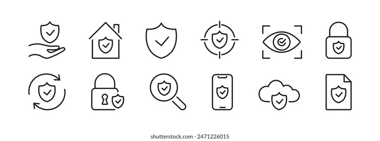 Security icons set. Shield check mark, security shield line icon. Vector.