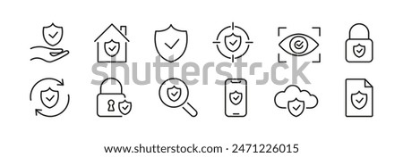 Security icons set. Shield check mark, security shield line icon. Vector.