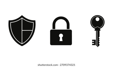 Conjunto de ícones de segurança: escudo, cadeado e chave. Representa proteção, segurança, privacidade e controle de acesso. Ilustração simples de vetor preto e branco.