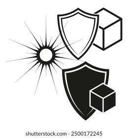 Conjunto de iconos de seguridad. Escudos, cubo y estallido estelar. Blanco y negro. Ilustración vectorial.